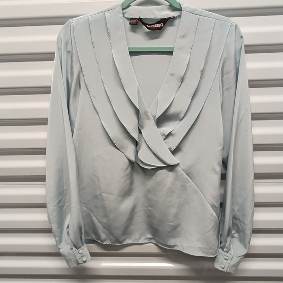 Espresso Blouse Size 8 Womens Light Blue Ruffle V-Neck Satin Long Sleeve Top — photo 2
